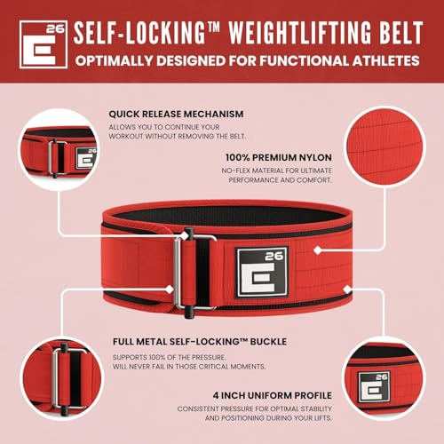 Image of Self-Locking Weight Lifting Belt | Premium Weightlifting Belt for Serious Crossfit, Power Lifting, and Olympic Lifting Athletes (26 inch - 30 inch, Around Navel, Small, Red)