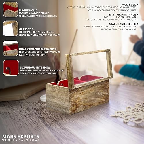 Image of Wooden Yarn Bowl, Square Shape 2 in One Yarn Ball Holder, Craft Knitting Bowl Holder for Crocheting and Knitting, Wool /String Storage Accessory (12 inchx 6 inchx 6 inch)