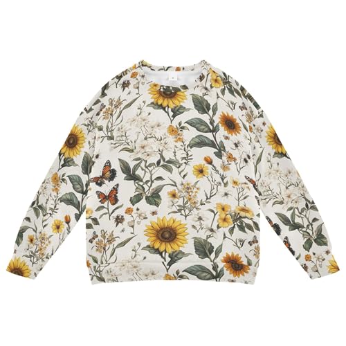 JUNZAN Florals Sunflower Hyacinths Butterflies White Big Girls Pullover Hoodie Long Sleeve Hoodies for Girls Camping 4T
