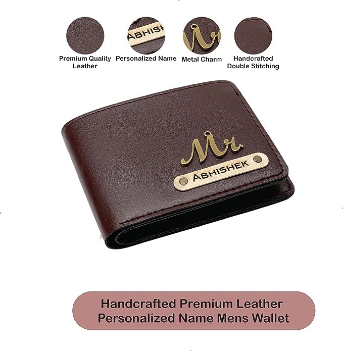 Image of Men's Vegan Leather Personalized Customised Print Wallet with Customized Name | Customizable with Name | Birthday Gift for Him (Brown)