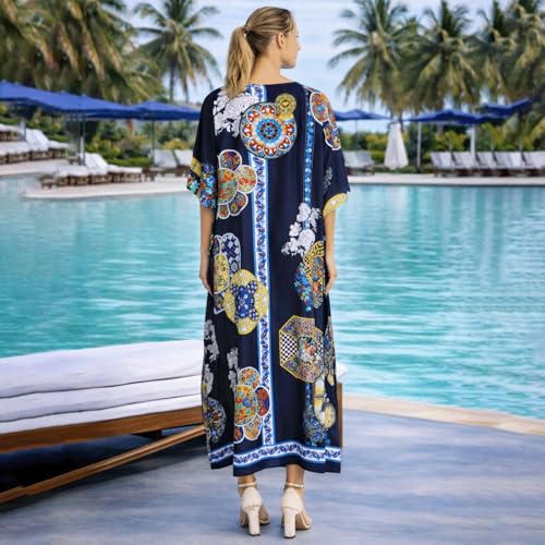 Image of Miss Lavish London Navy Kaftan Dresses for Women V Neck Batwing Sleeve Beach Vacation Bikini Swimsuit Cover Ups, Ethnic Print Plus Size African & Pockets, Resort Wear Cruise Coverup-Navy-S