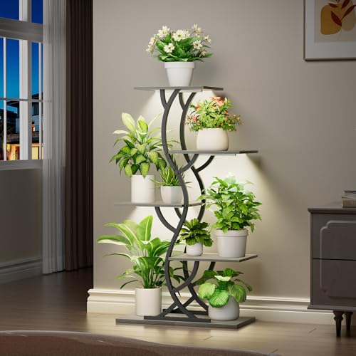 Image of Plant Stand Indoor with Grow Lights - 5 Tiered Corner Plant Shelves (Gray) | 44 inch Tall Metal Plant Shelf, S-Shape Lighted Flower Holder Dispaly Rack for Living Room, Home, Patio, Balcony