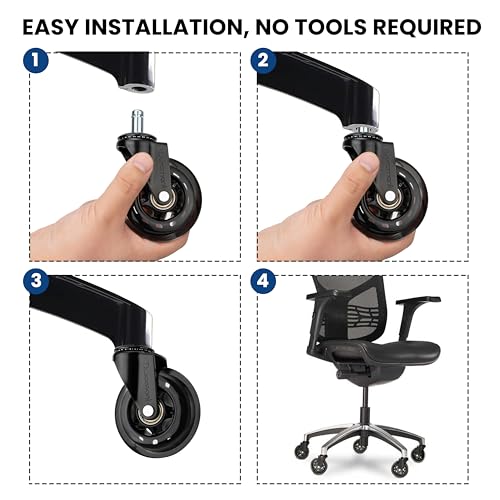 Image of Office Chair Wheels - Set of 5 Rollerblade-Style Caster Wheels, Smooth & Quiet Rolling, Protects Hardwood Floors & Carpets, Universal Fit, Durable and Long-Lasting - Black