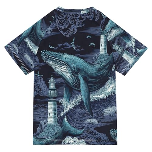 Boys Short Sleeve T-Shirts Whale Lighthouse Fish Rashguard Kids Swim Shirts Sun UPF 50+2