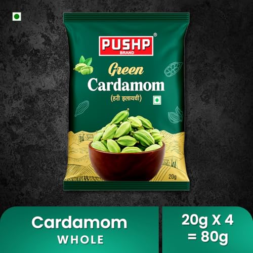 Image of Pushp Green Cardamom Whole Elaichi 20 g | 8-9 mm Size | Pack of 4 | Sabut Hari Elaichi | Rich Aroma & Natural Freshness | Source from kerala |