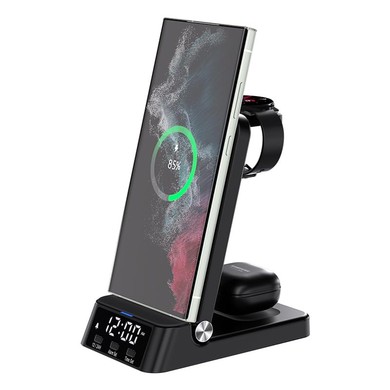 Ausla Station de Charge 4-en-1 avec Horloge, Pliable Magnétique 15W (B)