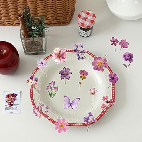 Image of Transparent Flora Scrapbook Stickers Aesthetic Flowers Stickers(Pur) | Transparent & Waterproof Sticker for Scrapbook Journal Water Bottle Kindle, DIY Crafts, Party Supplies