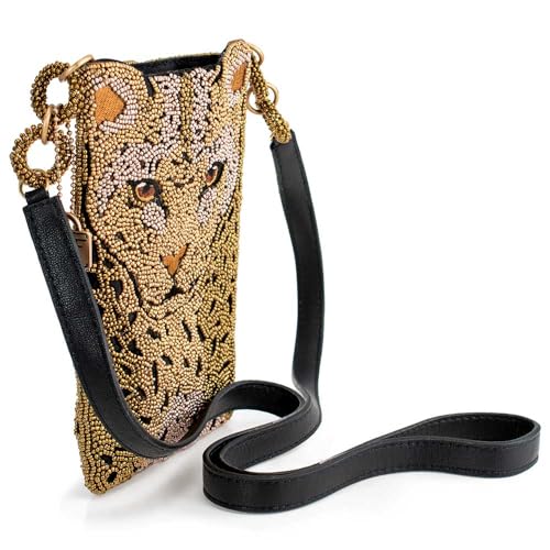 Mary Frances Gone Wild Beaded Leopard Crossbody Cell Phone Bag Clutch with Zipper Pocket and Leather Strap, Gold3
