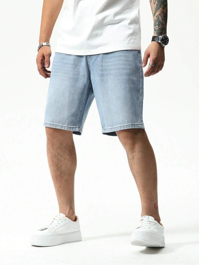 Image of GRECIILOOKS Denim Shorts for Men Stylish | Casual Knee Length Washed Shorts | Regular Fit Jeans Half Pant for Men with Distressed Design | Bermuda Mens Short for Travel Streetwear