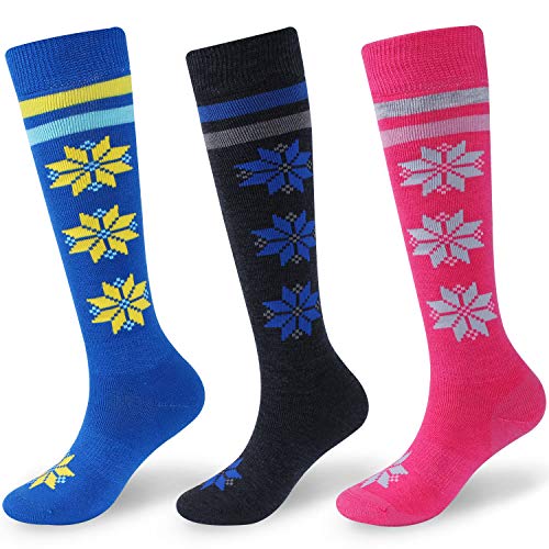 Facool Youth Ski Socks High Performance Thick Snow Skiing Socks- Thickening Warm Outdoor Wool Sports Stocking for Skiing Hiking Snowboard 3 Pairs Blue/Grey/Dark Grey X-Small