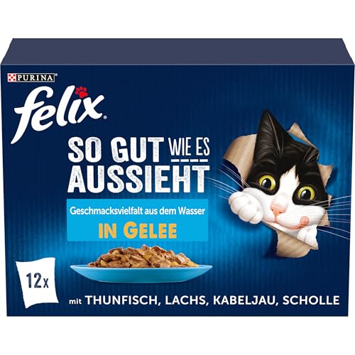 Felix So gut wie es aussieht Katzenfutter nass in Gelee, Fisch Sorten-Mix, 6er Pack (6 x 12 Beutel à 85g)