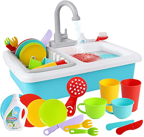 HANMUN Toy Kitchen Set Play Kitchen Sink Toy Utensils Play Dishes Accessories Plates Dishwasher Playing Toy with Running Water, Play House Pretend Role Play Toys for Boys Girls