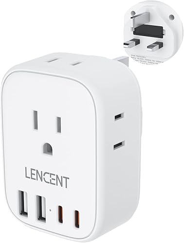 LENCENT - Adaptador de enchufe de viaje de EE. UU. a Reino Unido e Irlanda, adaptador tipo G con toma de tierra para viajes con 4 tomas de corriente