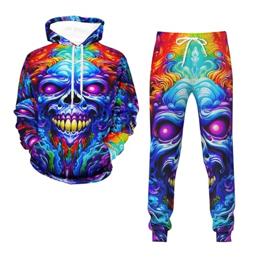 Conjunto deportivo de 2 piezas con capucha para hombre, diseño de calavera colorida, Talla 2 para hombre, 3XL