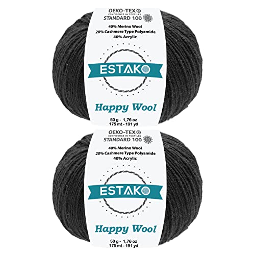 Estako Happy Wool (2 Skeins Pack) 40% Merino Wool 20% Cashmere Type Polyamide 40% Acyrlic Fingering Weight Soft Knitting and Crochet Yarn (2 x 1.76 oz) (2 x 191 yds) (8003 - Black)