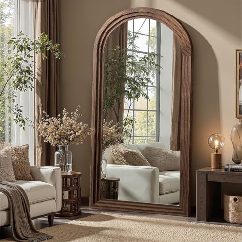 Delma Arched Full Length Floor Mirror with Stand, 55x24 Rustic Farmhouse Solid Wood Frame Wall Mirror for Bedroom, Living Room, Vertical Hanging & Standing(Brown) - Image 3