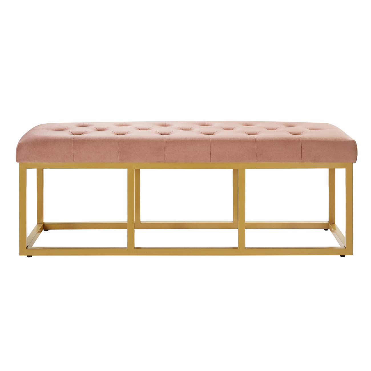 24KF Upholstered Tufted Long Bench with Golden Metal Leg, Blush Velvet Bench with Padded Seat-Blush