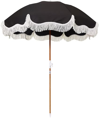 Business & Pleasure Co. Holiday Umbrella - Boho Beach Umbrella with White Fringe, UPF 50+, 1" Tilting Wood Pole, 5’ x 6.5’, Vintage Black