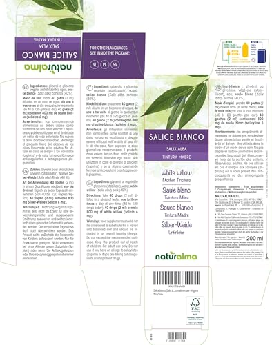 Silber-Weide (Salix alba) Rinde Alkoholfreier Urtinktur Naturalma - Flüssig-Extrakt Tropfen 200 ml - Nahrungsergänzungsmittel - Veganer