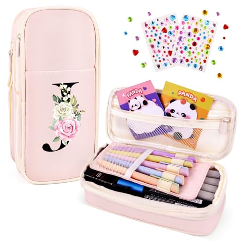 Image of Preppy Pencil Case for Girls, Cute Large Pencil Pouch, Personalized Initial Pencil Bag with Zipper for School College Office Supplies, Back to School Supplies Gifts for Teen Girls (J, Pink)