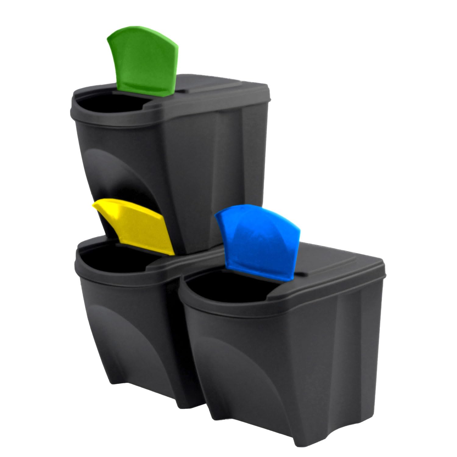 Set di 3 Bidoni Cestini SortiBox | per Raccolta Differenziata Ricilcaggio | Impilabili | in Plastica | 75 Litri (3x25L) | Neri | per Casa interni