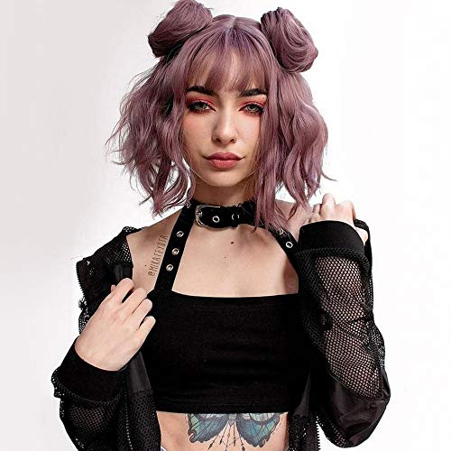 Isaic Wigs with Bangs for Women 12 Inch Synthetic Curly Bob Wig for Girl Ash Pink Natural Looking Wavy Wigs