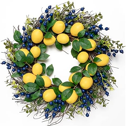 WangLaap 22" Artificial Summer Lemons Wreath Yellow Lemon Blueberries Fall Wreath with Green Leaves for Front Door Wall Wreath Home Holiday Farmhouse Window Decoration Cover