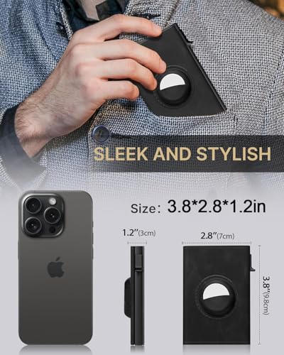 Image of Mens Pop Up Wallet for AirTag: Premium Genuine Leather, RFID Blocking, Smart, Minimalist, 9-14 Card Capacity, ID Window, Cash Slot (Black2)