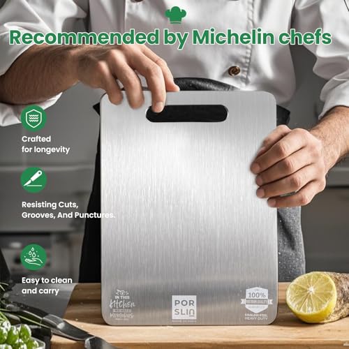 Image of Porslin by Phillip Stainless Steel Chopping Board Large, Chopping Board Steel Vegetable Cutting Board Steel for Kitchen Use SS Chopper Board Metal Cutter Board Large Size 36cm X 25cm Premium Rust-free