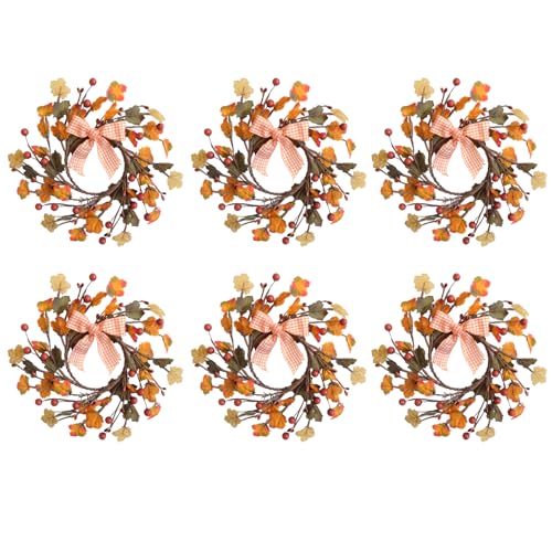 idyllic 6 Inches Fall Front Door Wreath Artificial Mini Autumn Wreaths with Maple Leaf Red Berry Bow Fall Candle Rings Wreath for Inside Outside Wall Harvest Thanksgiving Day Decor
