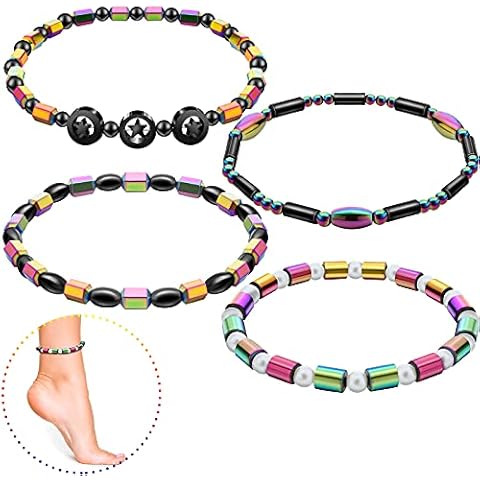 Junkin 4 Pieces Magnetic Hematite Anklets Bracelet Energy Anklets Cover