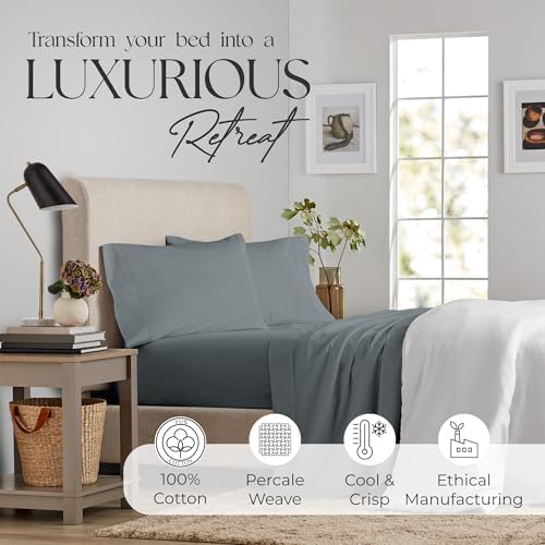 SUPREME ELEGANCE King Size Sheets Set Natural 100% Cotton Percale Sheets King Bed Set, Oeko-tex Made in Green Sustainable, Breathable Cooling Deep Pocket Sheet, Crisp Luxury Bedding, Charcoal Gray