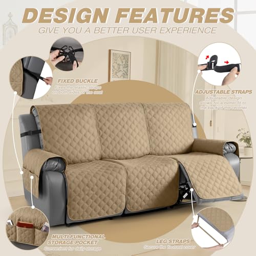 Image of TAOCOCO 100% Waterproof Recliner Covers, Recliner Sofa Covers with Leg Straps, Reversible Recliner Couch Cover for Reclining Chair, Washable Couch Protector for Pets Kids(3 Seater, Camel)