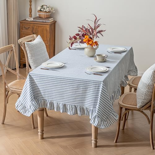 Striped Cotton Blend Tablecloth 52 × 70 Ruffled Table Cloth Washable Rectangular Fabric Table Cover Farmhouse Picnic Kitchen Dinning Tabletop Home Decoration, Blue, 4-6 Seats