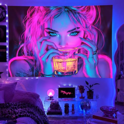 Image of BlissYard Blacklight Anime Girl Tapestry 78x59 Inch Girl Poster | Cool Cute Woman UV Reactive Wall Hanging, Glow in The Dark Aesthetic Poster for Bedroom Room Party Backdrop Bar Decor