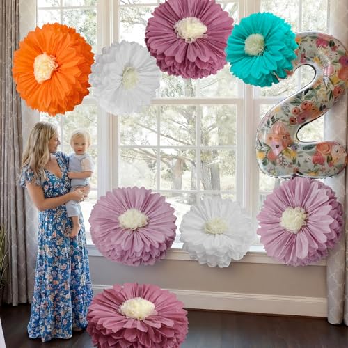 Image of Chunful 5 Pcs 30'' 24'' Giant Boho Tissue Paper Flowers Decoration Handcrafted Large Crepe Hanging Tissue Flower Paper Pom Pom for Baby Shower Birthday Bachelorette Wedding Bridal Shower Party Nursery