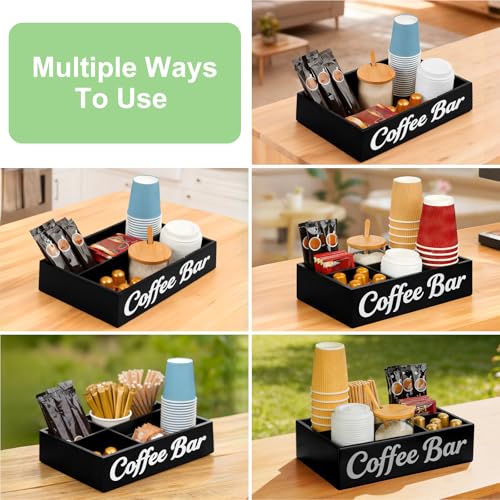 Image of Coffee Station Organizer, 6 Compartment Wood Countertop Coffee Accessories Organizer with Removable Dividers for Condiment Cups Lids Pods Syrups, Farmhouse Bar Decor