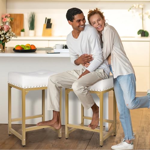 Image of Bar Stools Set of 2, Counter Height Bar Stools for Kitchen Island, 24 Inch Modern White & Gold Saddle Backless Barstools, Counter Stool with Metal Base & Thick Saddle Seats(White+Gold)