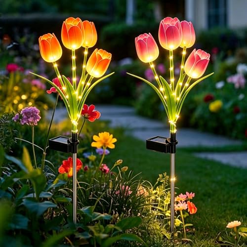 Keltorio Lot de 2 lampes solaires en forme de tulipe pour jardin extérieur, étanches grâce à leur panneau solaire large et leur indice de protection IP65....