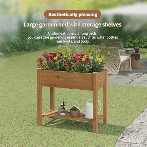 Image of Raised Garden Bed with Legs Elevated Wooden Planter Box Stand Large Planter Stand Box for Fruits Vegetables Flowers with Divider with Bag - 34x18x30.5IN(Brown)