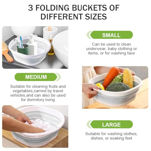 Image of HASTHIP Silicone Collapsible Tub Bucket Set, Portable Wash Basin for Handwash, Outdoor Basin for Washing, Foldable Bucket with Hanging Holes, Portable Sink for Washing Fruit & Vegetables (3Pcs)