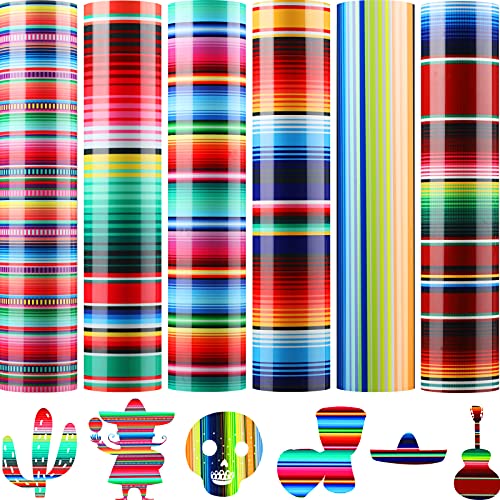 Cinco De Mayo Printed Transfer Vinyls Mexican Design Heat Transfer Vinyls Serape Pattern Vinyls Striped Vinyl Sheets for Mexican Fiesta Theme Party, 9.84 x 11.81 Inch (Vibrant Colors)