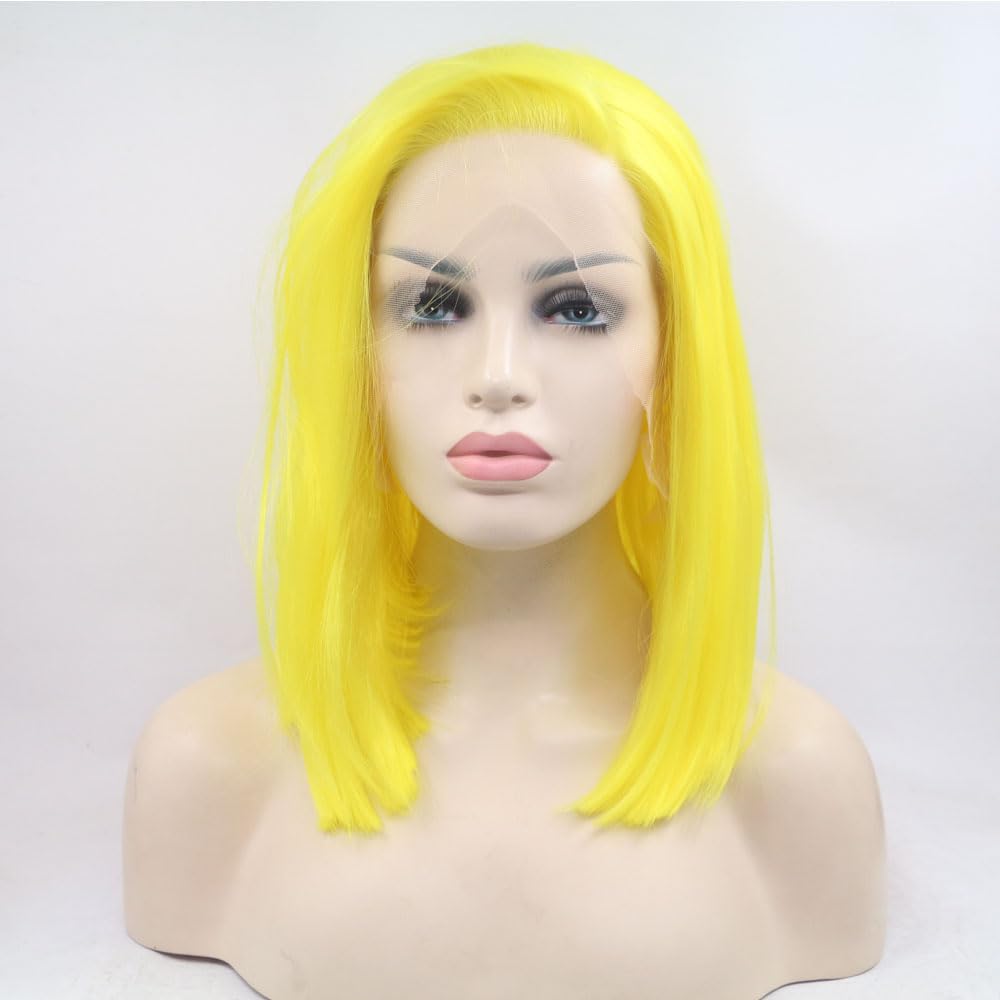 xiweiya Fluorescent Yellow Short Cut Lace Front Wig Bob Straight Free Part Synthetic Wigs Heat Resistant Lemon-Yellow Synthetic Lace Front Wigs for Women Short Haircut Hand Tied Replacement Full Wig