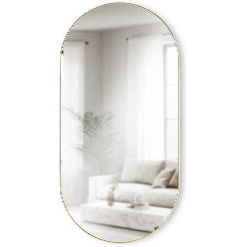 Umbra Hubba Pill Wall Mirror – Full Length Mirror with Slim Brass Frame, Modern Elongated Oval Design for Bedroom, Living Room & Entryway