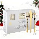 300 Pieces Gold Plastic Silverware- Disposable Flatware Set-Heavyweight Plastic Cutlery- Includes 100 Forks, 100 Spoons, 100 Knives -WDF