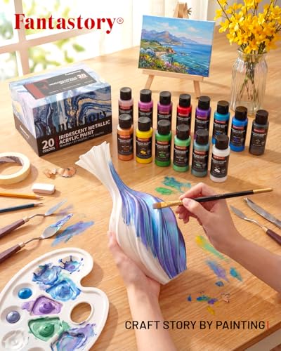 Image of Fantastory 60ml 20 Colors Metallic Acrylic Paint Set with 12 Brushes | Professional Series, Color-Shifting, Perfect for Metal, Canvas, Rock, Stone, Ceramic, Model, Wood Painting