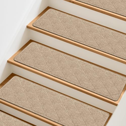 TranquilMoments Stair Treads Non-Slip for Wooden Steps 15Pack - 8 x 30 Edging Stair Runner Indoor for Kids Elders & Pets Washable Carpet Stair Treads with Peel & Stick Reusable TPE Backing Beige