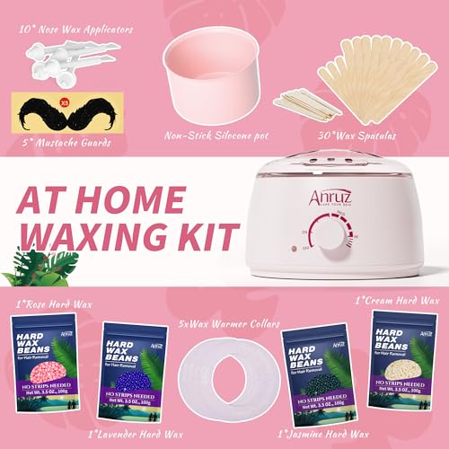 Image of Anruz Waxing Kit for Women Men, 500ML Wax Warmer Kit with Silicone Bowl, 4 Bags Hard Wax Beads and 40 Sticks, Hair Removal Wax Kit for Brazilian Bikini, Face, Eyebrow, Nose, Sensitive Skin, Pink