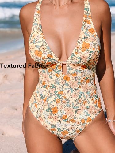 Image of CUPSHE Women's One Piece Swimsuit Deep V Neck Keyhole Cutout O Ring Textured Bathing Suit