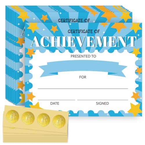 Doodlream 30 Stück Blaues Zertifikat für Erfolgreiche Teilnahme Anerkennungspapier mit 32 Stück Goldfolienaufklebern 25x20cm Blank Student Aktivitäten Award Vorschule Kindergarten urk unden papier